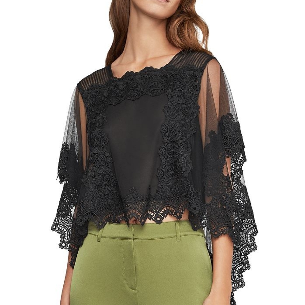 BCBGMAXAZRIA BAILIE LACE TULLE CROP TOP XXS Black BCBG